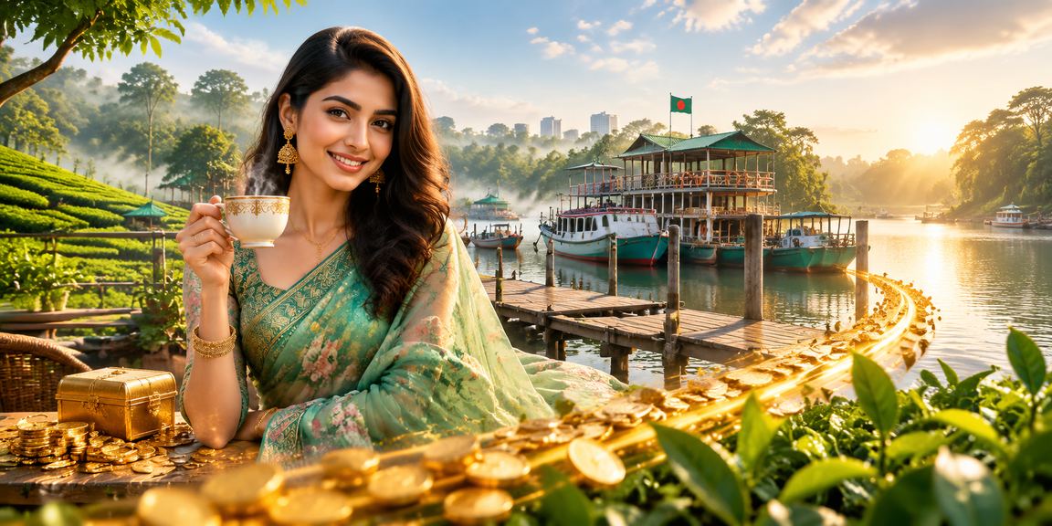 খুলনার একজন খেলোয়াড় চা বাগানে বসে khelaghor77 ক্যাসিনো গেম উপভোগ করছেন